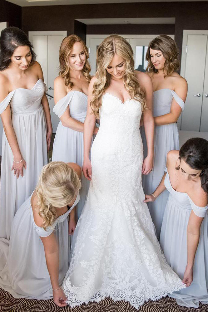 Off the Shoulder Light Grey Chiffon Long Bridesmaid Dress FancyVestido Off the Shoulder Light Grey Chiffon Long Bridesmaid Dress FancyVestido