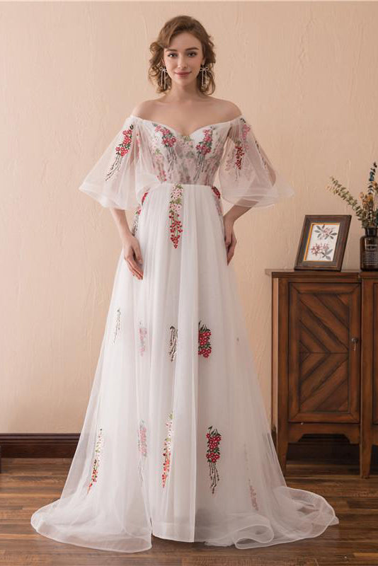 Long Off Shoulder A-line Floral White Wedding Dress with Bell Sleeves
