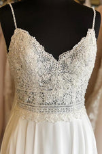 Boho Long Spaghetti Strap A-line Ivory Wedding Dress with Lace