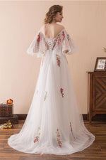 Long Off Shoulder A-line Floral White Wedding Dress with Bell Sleeves
