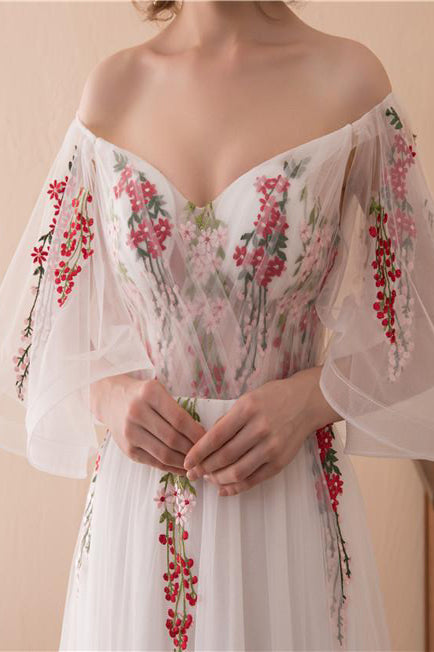 Long Off Shoulder A-line Floral White Wedding Dress with Bell Sleeves FancyVestido Long Off Shoulder A-line Floral White Wedding Dress with Bell Sleeves FancyVestido