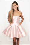 Simple Strapless Pink Homecoming Dress with Pockets/Beading