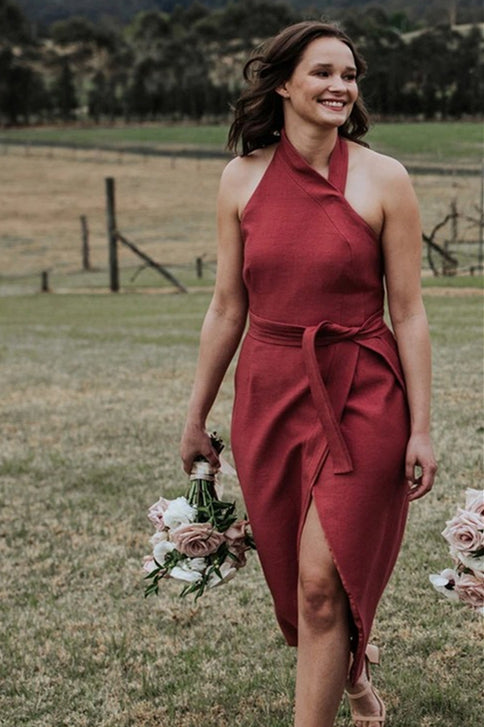 A-line Halter Tea-length Dark Coral Bridesmaid Dress with Belt