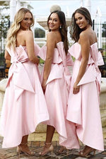 Elegant High-Low Strapless Pink Bridesmaid Dress with Bowknot