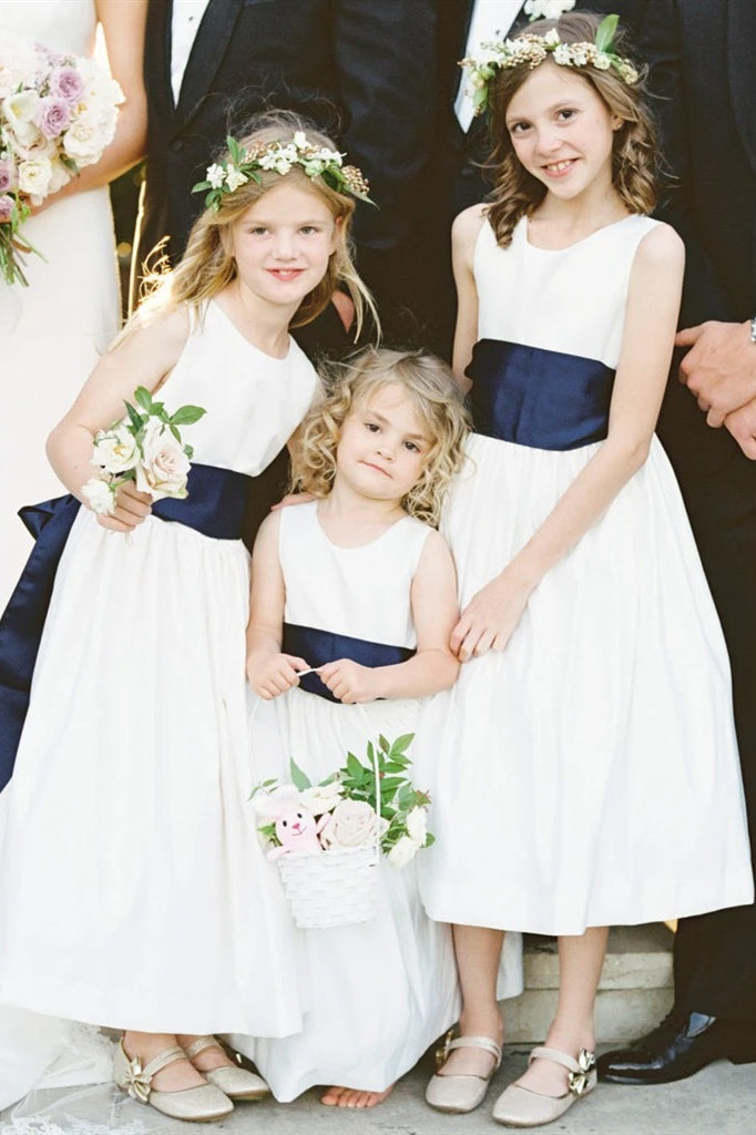 A-line White Flower Girl Dress with Navy Blue Ribbon
