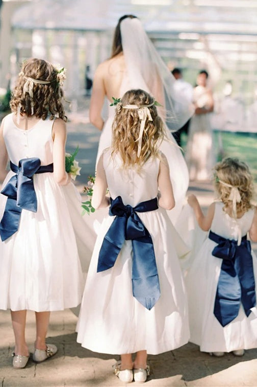 A-line White Flower Girl Dress with Navy Blue Ribbon