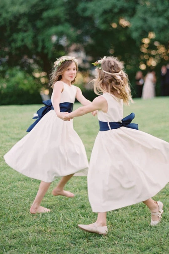 A-line White Flower Girl Dress with Navy Blue Ribbon