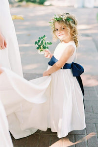 A-line White Flower Girl Dress with Navy Blue Ribbon