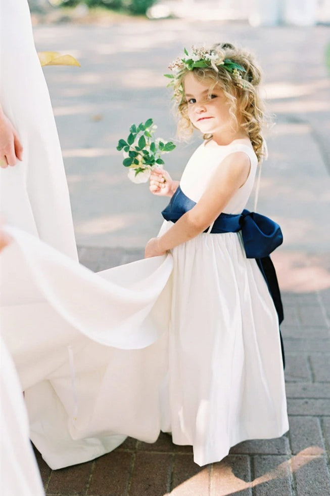 A-line White Flower Girl Dress with Navy Blue Ribbon