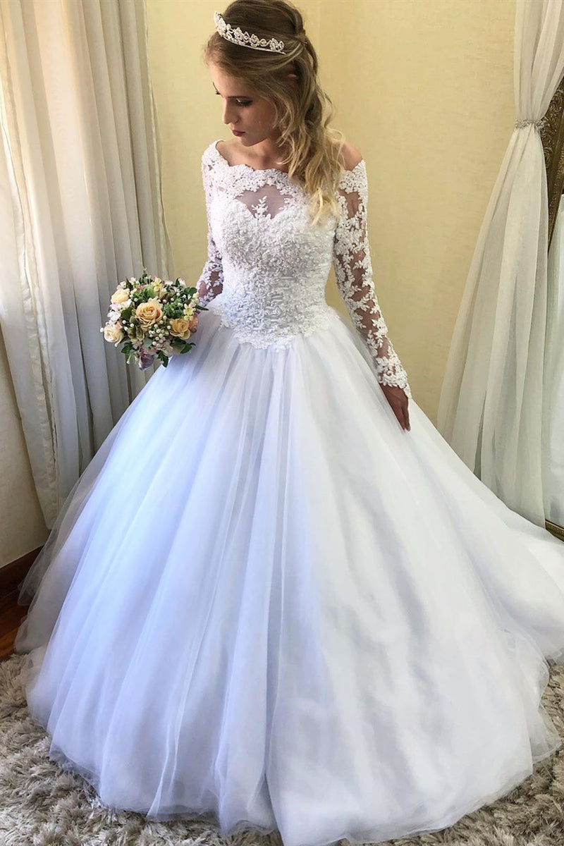 Princess Long Sleeves Lace-Up Back White Wedding Dress with Lace