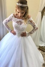 Princess Long Sleeves Lace-Up Back White Wedding Dress with Lace