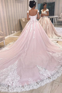 pink lace wedding dress Long Sleeves Ball Gowns Dresses The softly structured puff sleeves frame the neckline with subtle romance Fairy Pink Lace Patchwork Embroidered