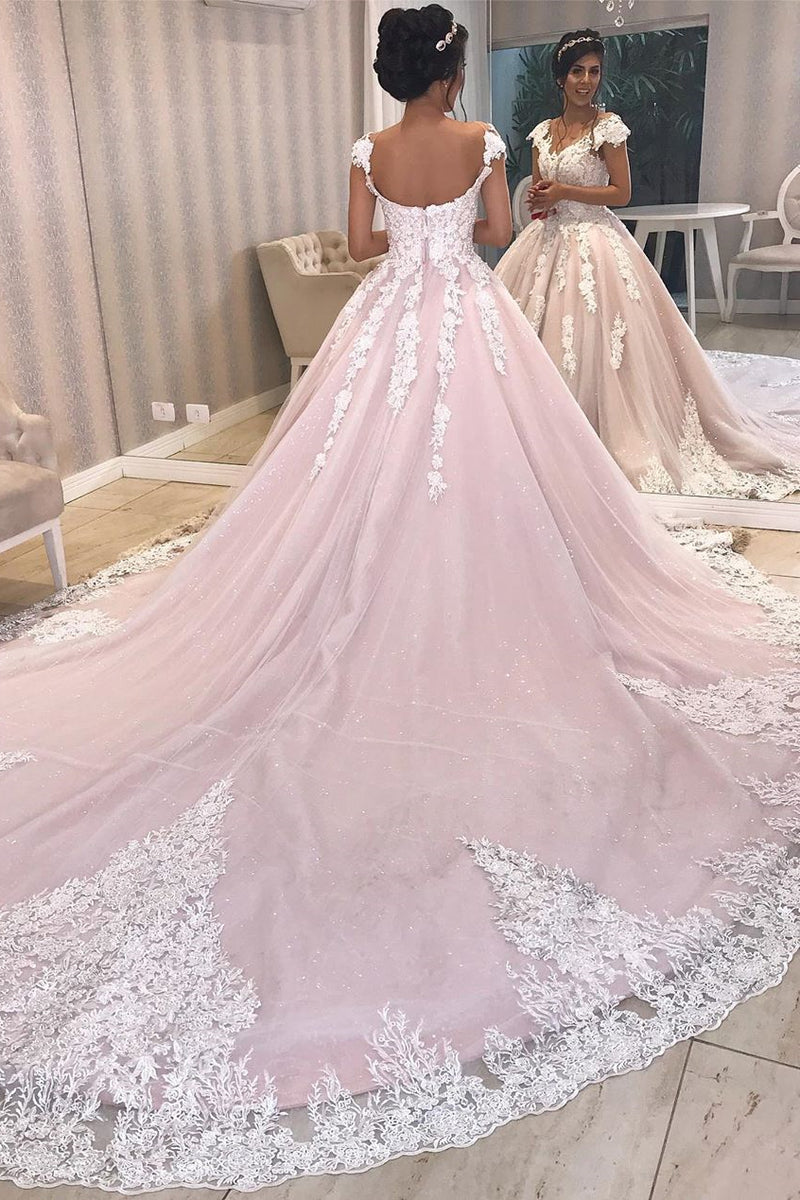 Princess Cap Sleeves A-line Long Pink Wedding Dress with Lace