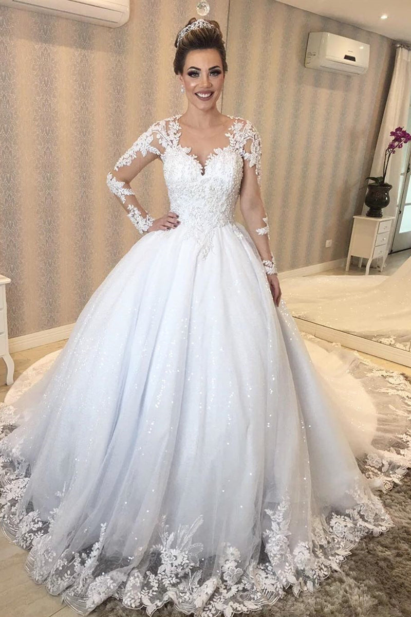 Princess Long Sleeves Sheer Back White Wedding Dress with Lace