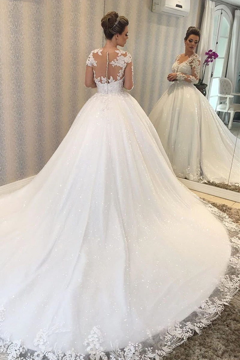 Princess Long Sleeves Sheer Back White Wedding Dress with Lace