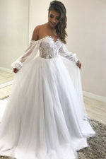 Long A-line Off-the-Shoulder White Wedding Dress with Lace