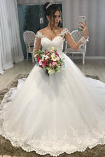 Long Sleeves Princess V-Neck White Wedding Dress with Lace