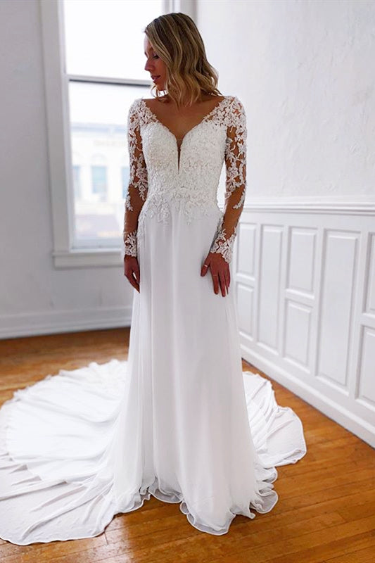 Long Sleeves Sheath A-line White Wedding Dress with Lace