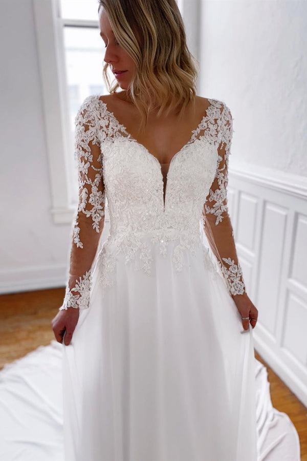 Long Sleeves Sheath A-line White Wedding Dress with Lace