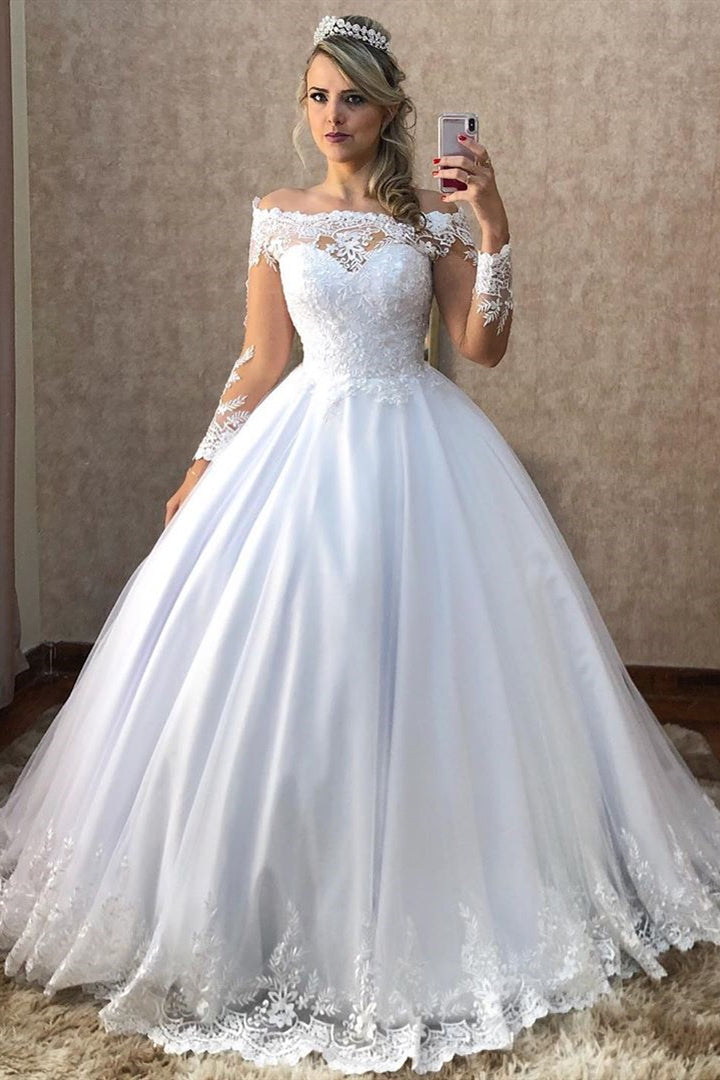 Long Sleeves A-line Off Shoulder White Wedding Dress with Lace
