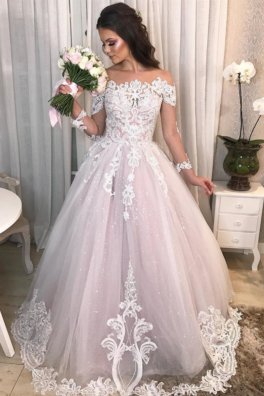 chinese dress ladies Puffy Sleeves Illusion Neck A-Line Wedding Dress – HAREM's Brides