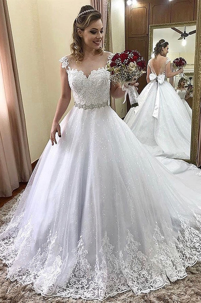 Glitter Princess V-Back A-line White Wedding Dress with Bowknot