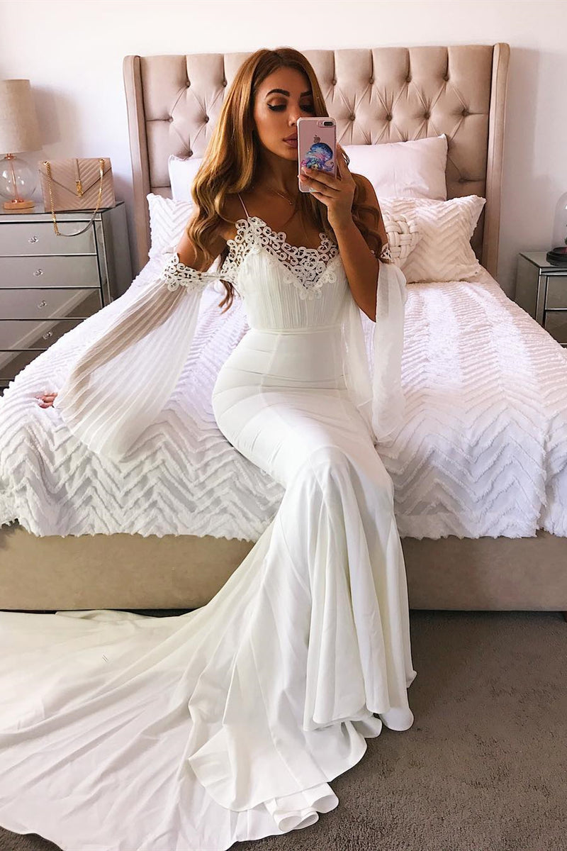 Long Mermaid Cold Sleeves Ivory Weeding Dress with Lace
