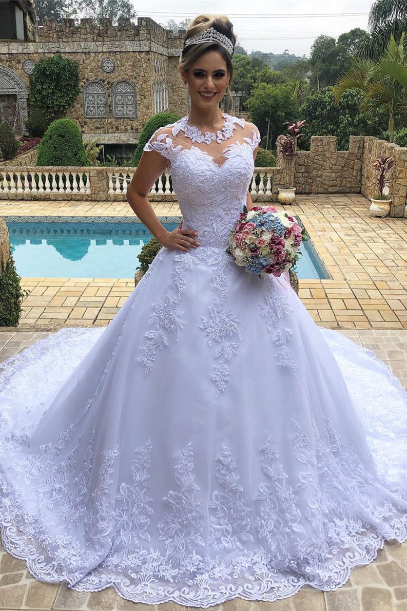 Princess Long Cap Sleeves A-line White Wedding Dress – FancyVestido