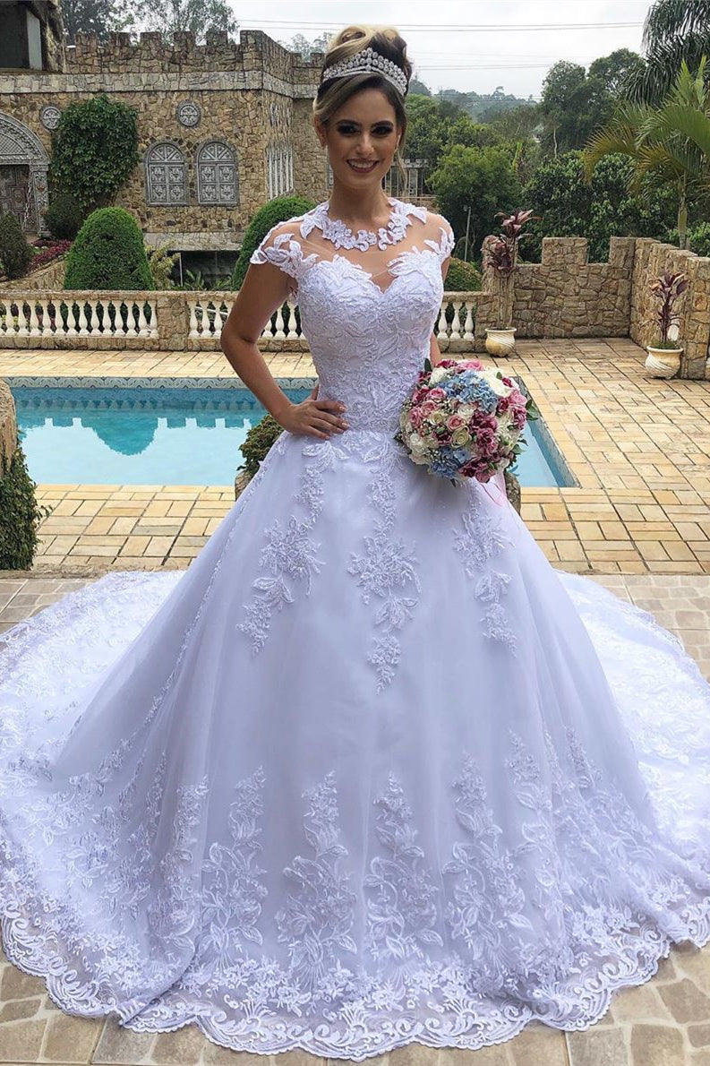 Princess Long Cap Sleeves A-line White Wedding Dress