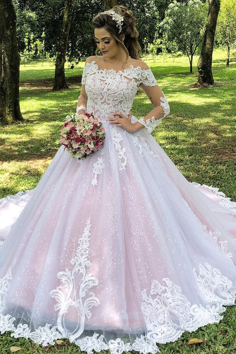 Princess Long Sleeves Illusion Neck A-line Pink Wedding Dress with Lace