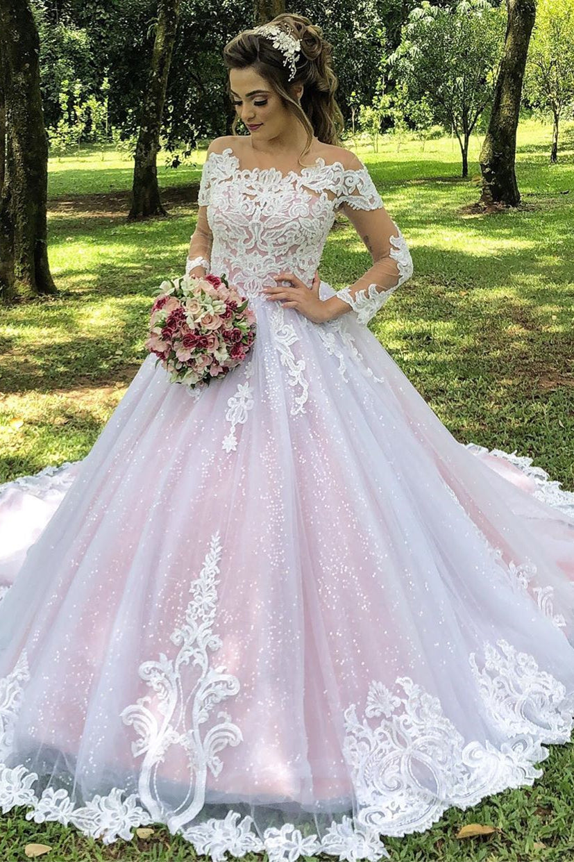 Princess Long Sleeves Illusion Neck A-line Pink Wedding Dress with Lac FancyVestido Princess Long Sleeves Illusion Neck A-line Pink Wedding Dress with Lac FancyVestido