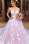Princess Long V Neck A-line Light Lavender Wedding Dress with Lace