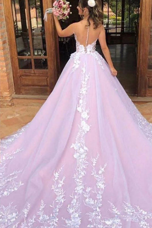 Princess Long V Neck A-line Light Lavender Wedding Dress with Lace
