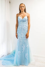 Baby Blue Mermaid Spaghetti Strap Prom Dress with Lace