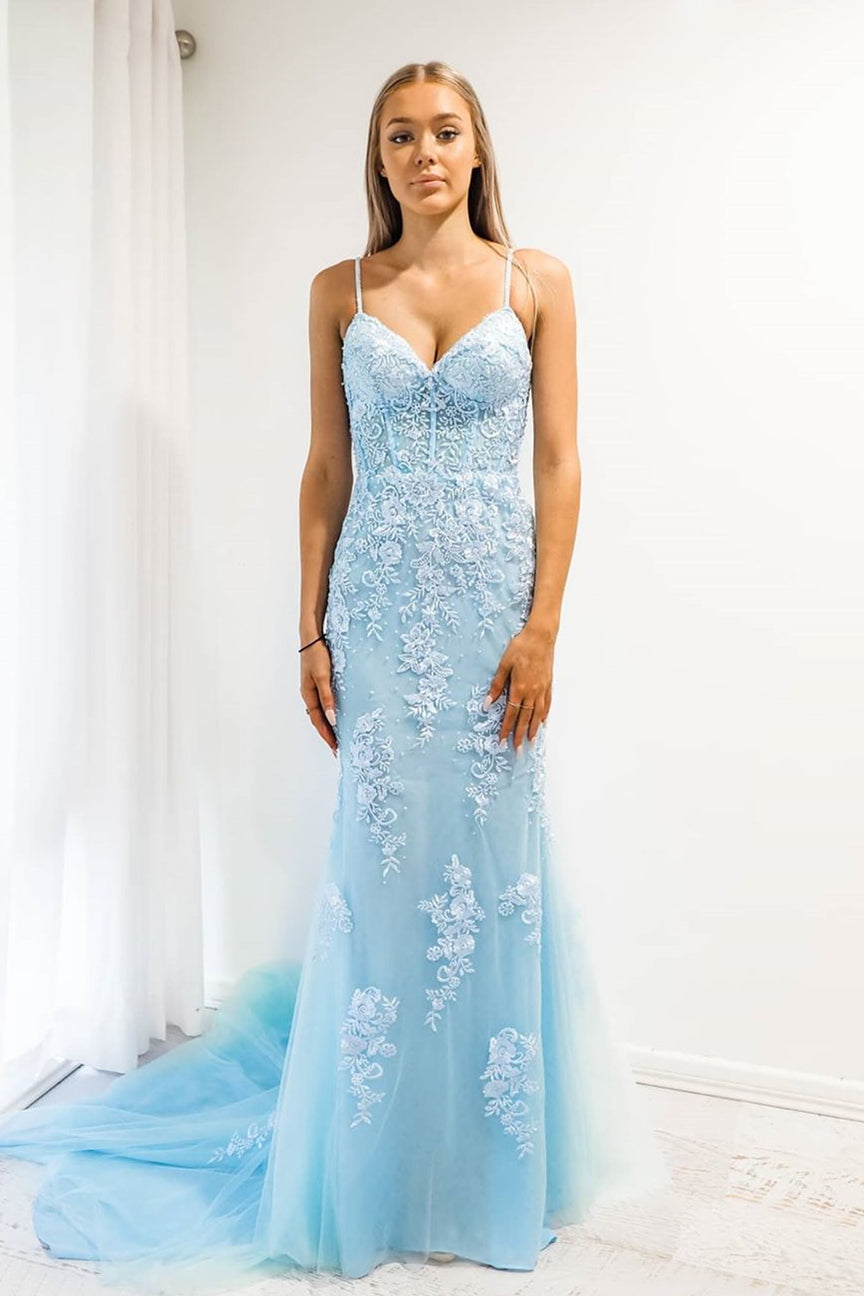 chinese dress ladies Blue Tulle Lace Mermaid Spaghetti Straps Prom Dress SP726 main image 0