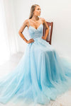 Blue A-line Spaghetti Strap Long Prom Dress with Appliques