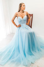 Blue A-line Spaghetti Strap Long Prom Dress with Appliques