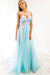 Blue A-line Spaghetti Strap Long Prom Dress with Appliques