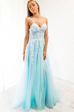 Blue A-line Spaghetti Strap Long Prom Dress with Appliques
