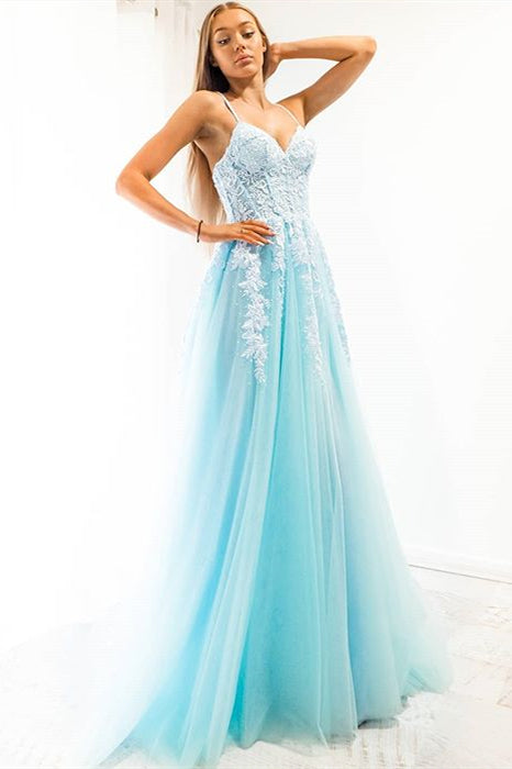 Blue A-line Spaghetti Strap Long Prom Dress with Appliques FancyVestido Blue A-line Spaghetti Strap Long Prom Dress with Appliques FancyVestido