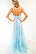 Blue A-line Spaghetti Strap Long Prom Dress with Appliques