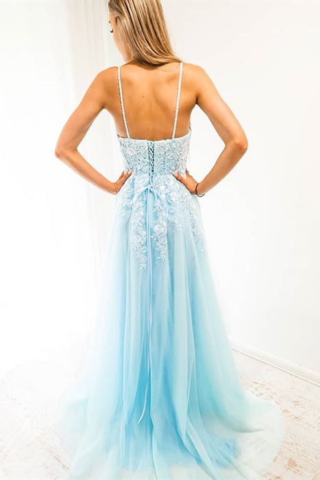 Blue A-line Spaghetti Strap Long Prom Dress with Appliques