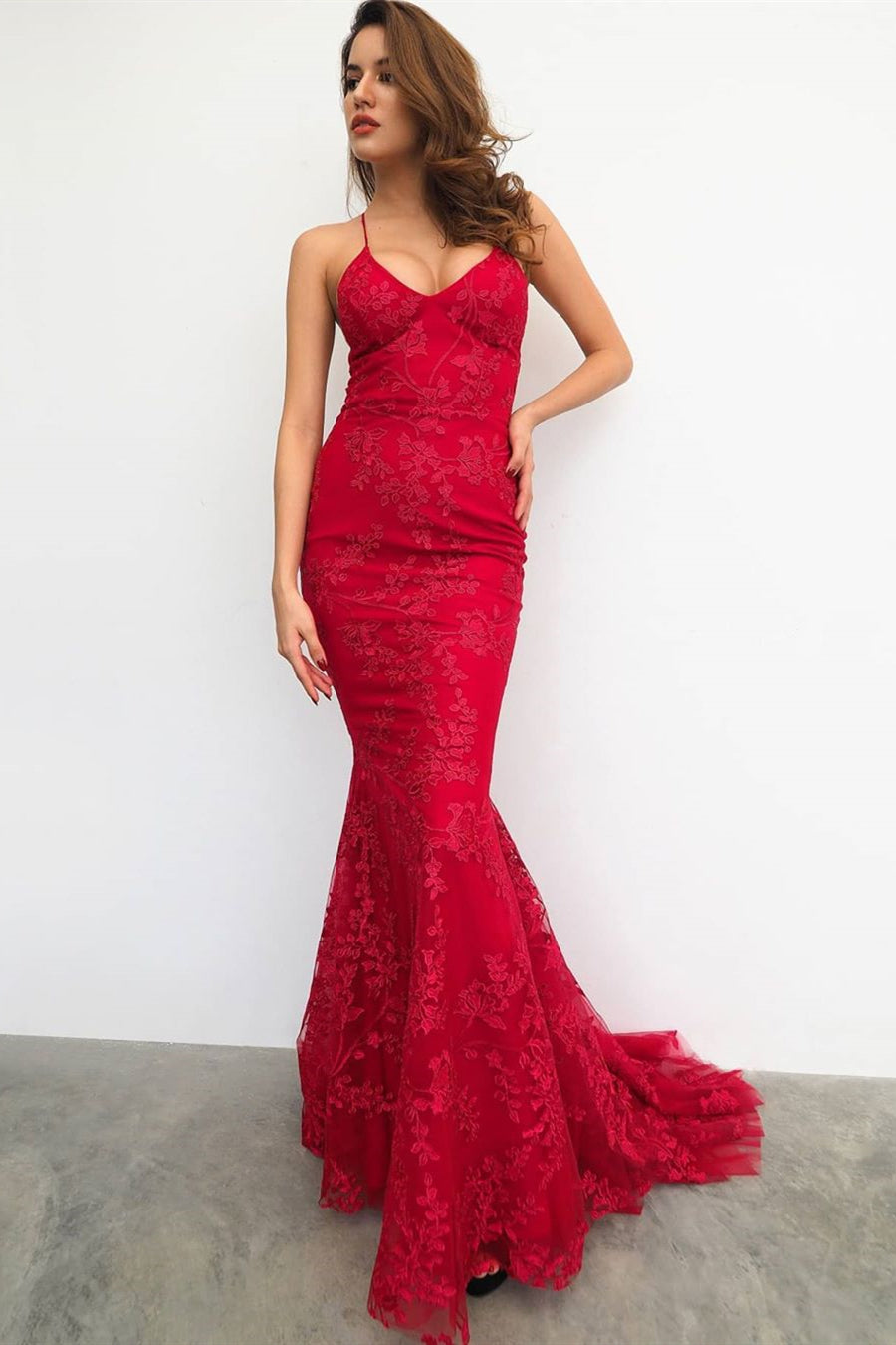 Red Mermaid Lace-Up Back Long Evening Dress with Lace Appliques