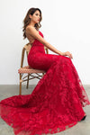 Red Mermaid Lace-Up Back Long Evening Dress with Lace Appliques