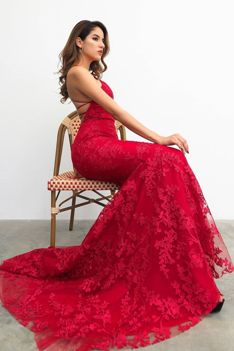 Red Mermaid Lace-Up Back Long Evening Dress with Lace Appliques