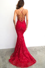 Red Mermaid Lace-Up Back Long Evening Dress with Lace Appliques