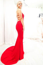 Red Mermaid Strapless Long Prom Dress with Lace-Up Back
