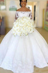 Princess Long Off Shoulder A-line White Wedding Dress with Appliques
