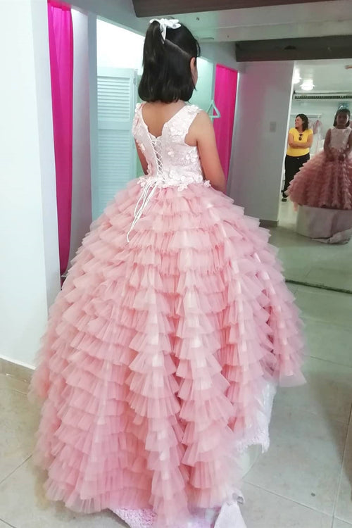 Princess Cascading Ruffles A-line Pink Flower Girl Dress