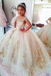 Princess A-line Champagne Flower Girl Dress with Gold Appliques